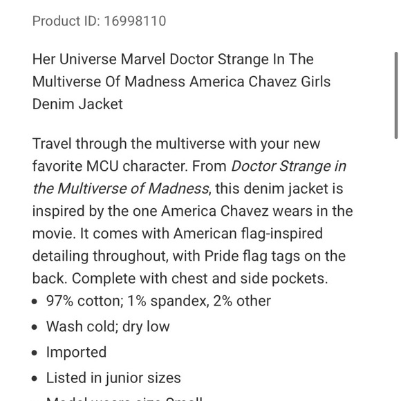 Her Universe Marvel Doctor Strange America Chavez Girls Denim Jacket - Picture 7 of 8